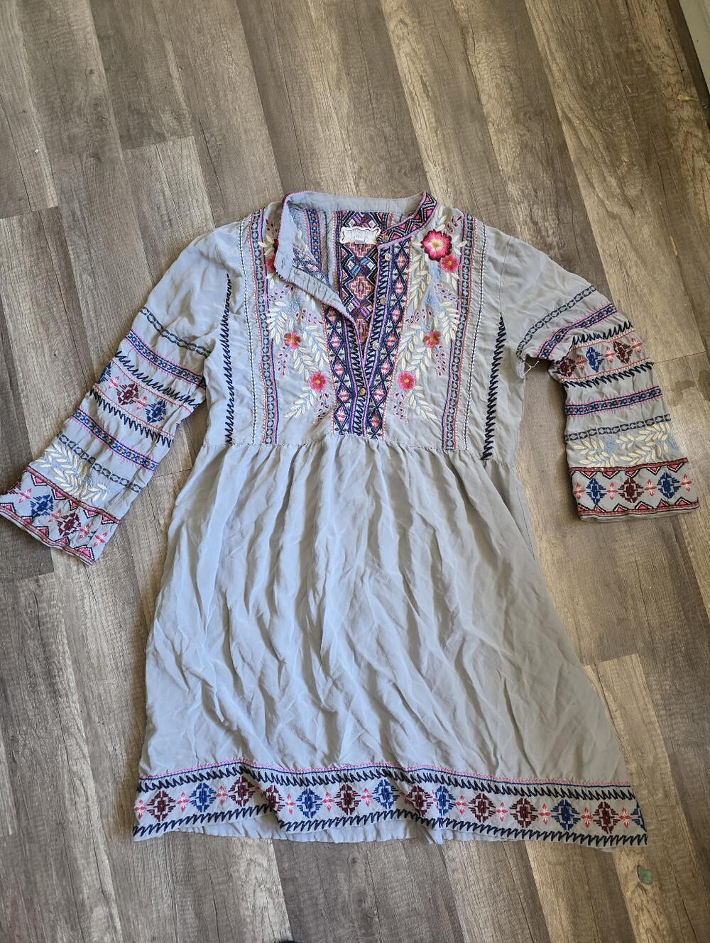 JOHNNY WAS Ellie Silk Dress Embroidered Spell Boho Chic Festivalcore Grey - Picture 6 of 14
